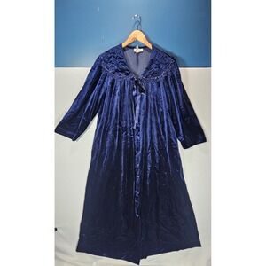 Vintage Komar Blue Velvet Housecoat Robe Button Front Lounge Glam Large